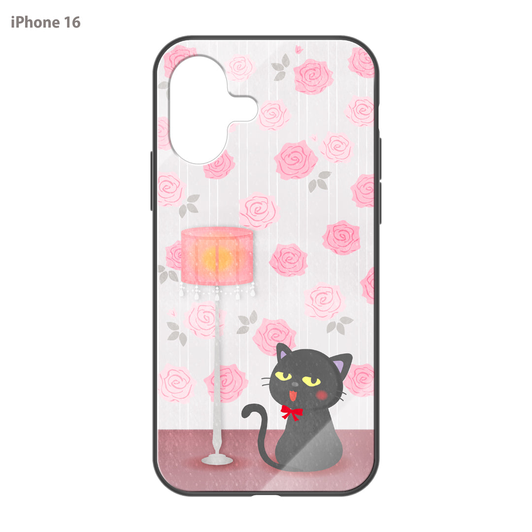 さくらまいこ ガラスiPhoneケース【水彩えほん「黒猫ボシュ」<アンティークローズ>】