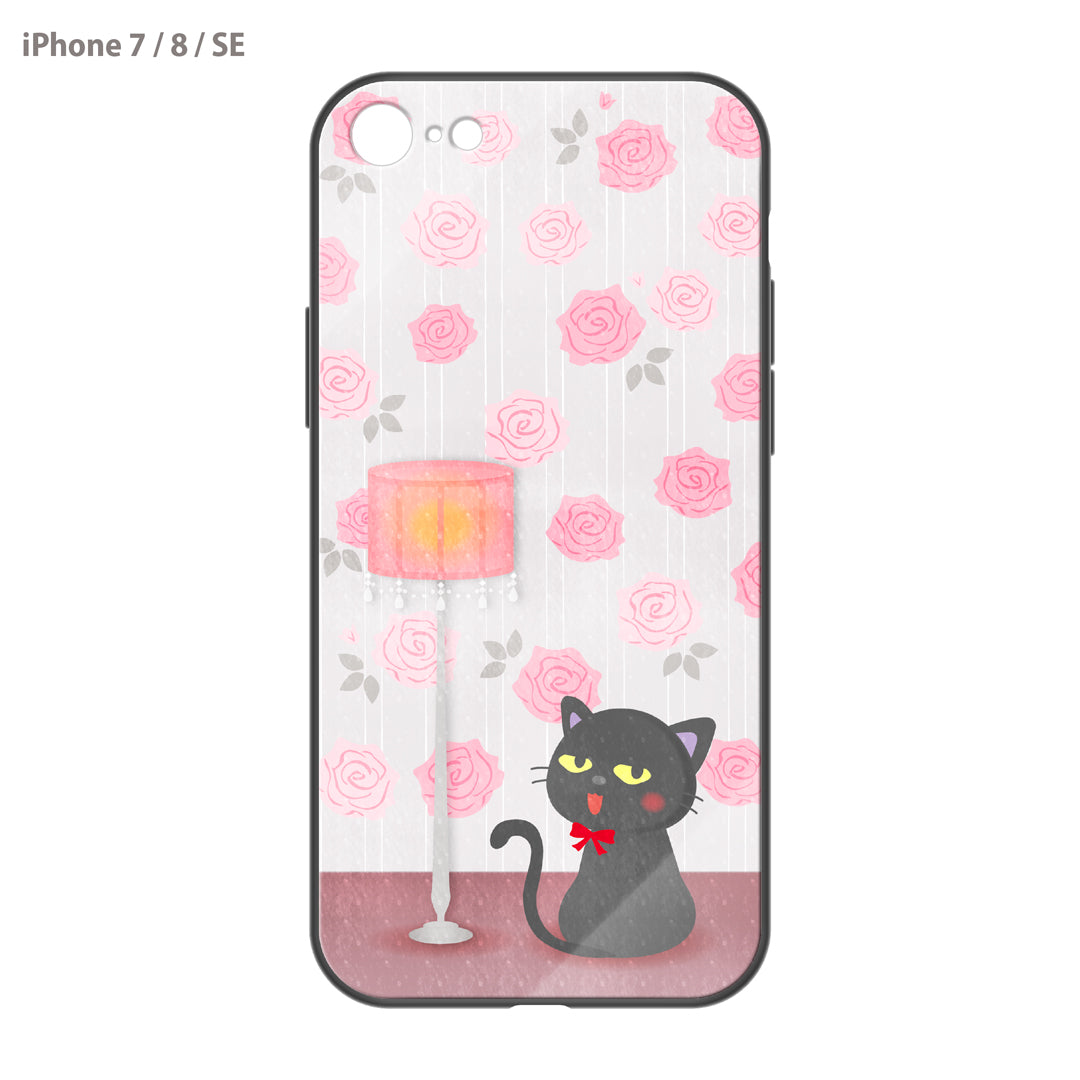 さくらまいこ ガラスiPhoneケース【水彩えほん「黒猫ボシュ」<アンティークローズ>】