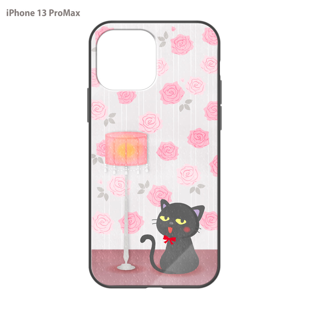 さくらまいこ ガラスiPhoneケース【水彩えほん「黒猫ボシュ」<アンティークローズ>】