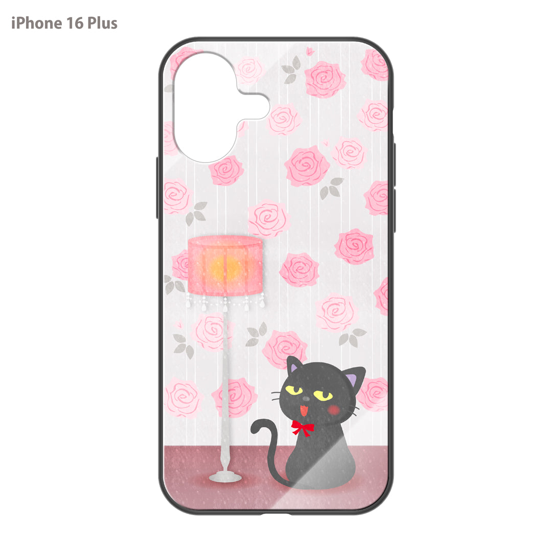 さくらまいこ ガラスiPhoneケース【水彩えほん「黒猫ボシュ」<アンティークローズ>】