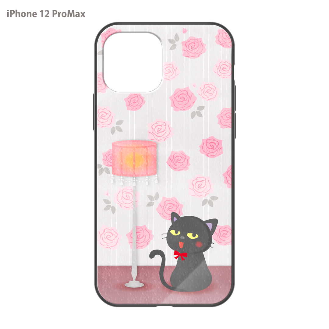 さくらまいこ ガラスiPhoneケース【水彩えほん「黒猫ボシュ」<アンティークローズ>】