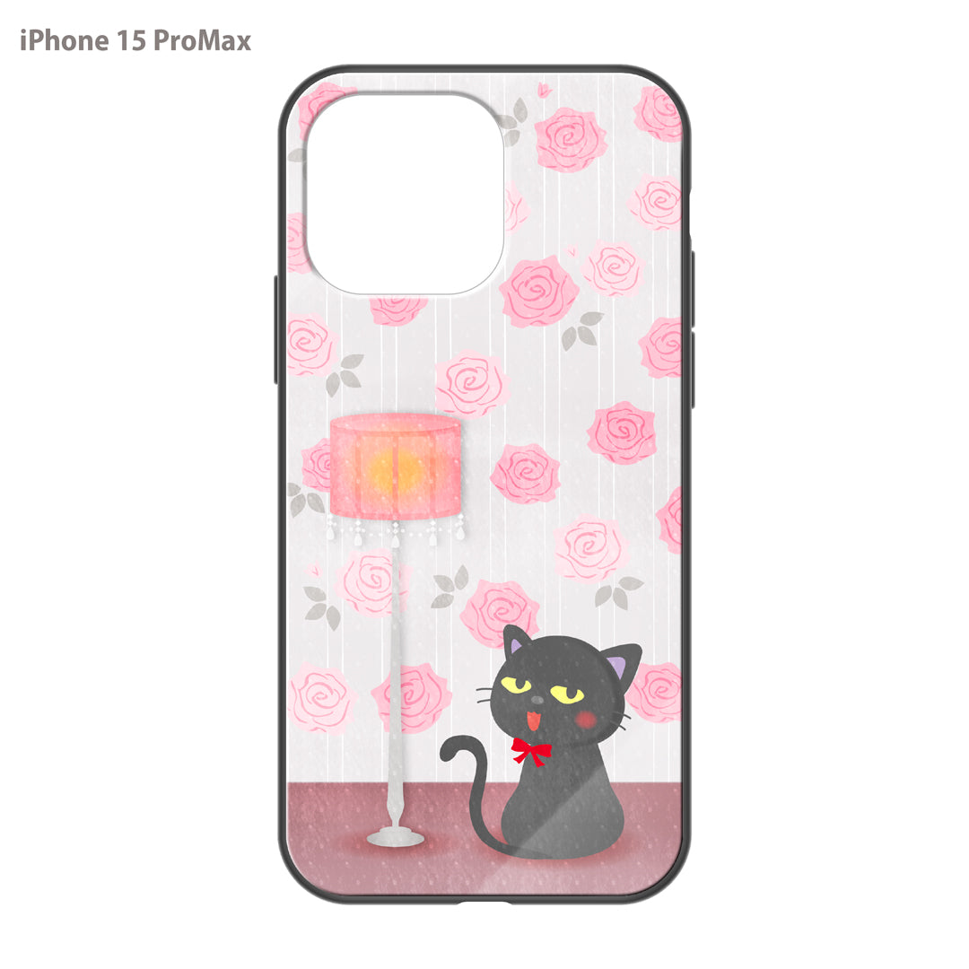 さくらまいこ ガラスiPhoneケース【水彩えほん「黒猫ボシュ」<アンティークローズ>】