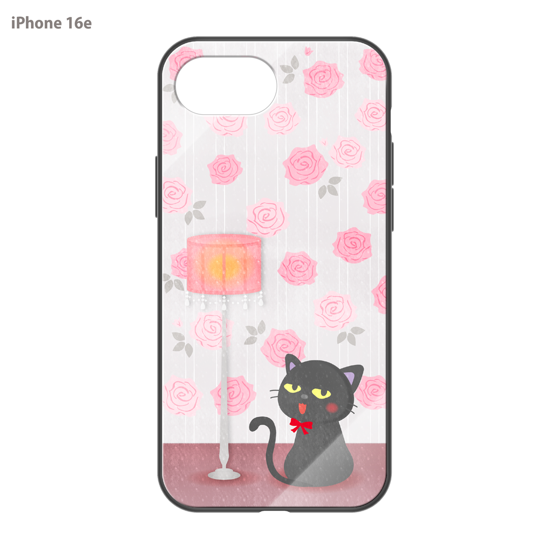 さくらまいこ ガラスiPhoneケース【水彩えほん「黒猫ボシュ」<アンティークローズ>】