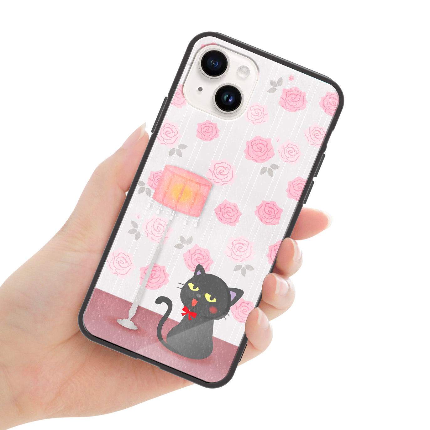 さくらまいこ ガラスiPhoneケース【水彩えほん「黒猫ボシュ」<アンティークローズ>】