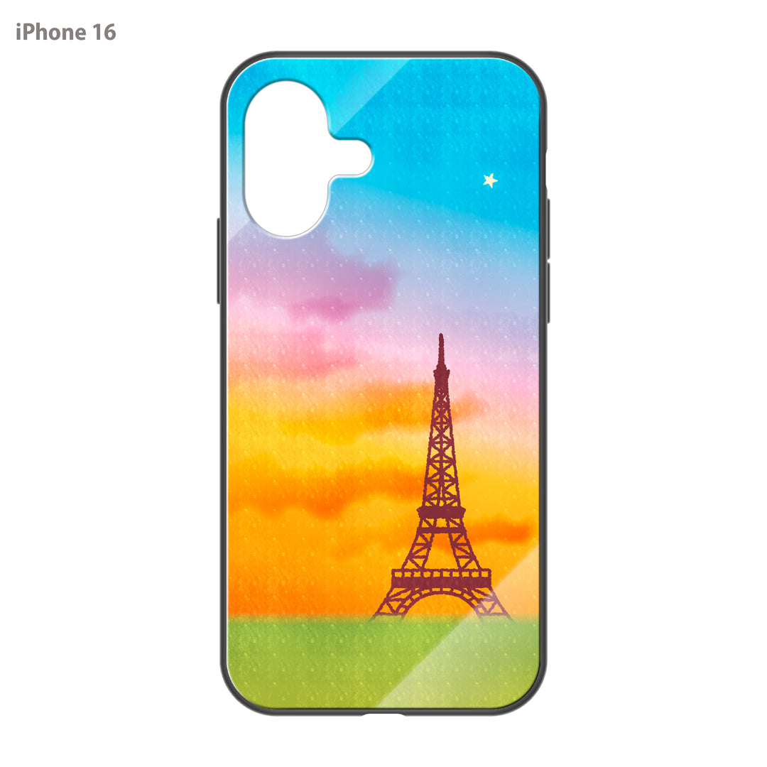 さくらまいこ ガラスiPhoneケース【水彩えほん「パリ・エッフェル塔と一番星」】