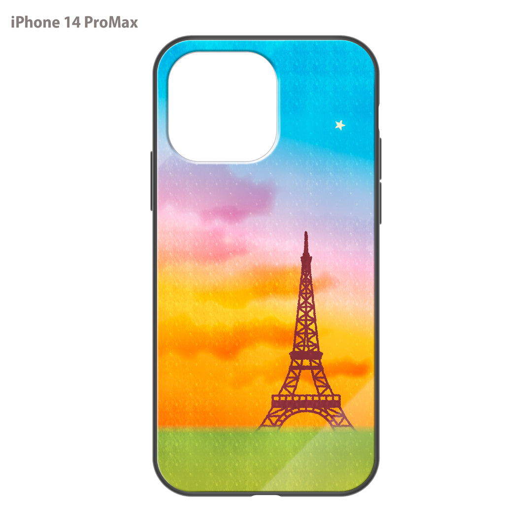 さくらまいこ ガラスiPhoneケース【水彩えほん「パリ・エッフェル塔と一番星」】