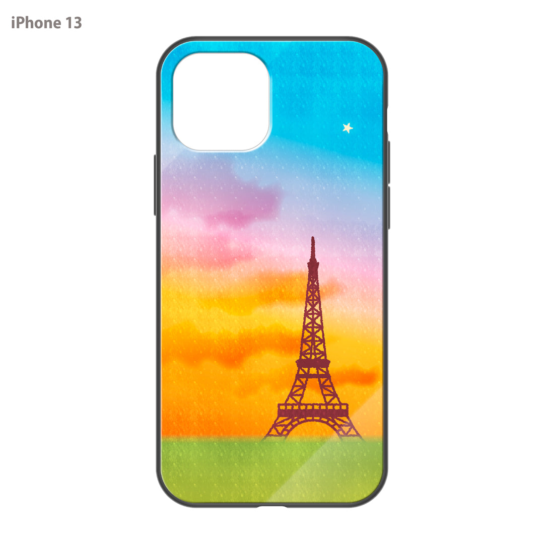 さくらまいこ ガラスiPhoneケース【水彩えほん「パリ・エッフェル塔と一番星」】