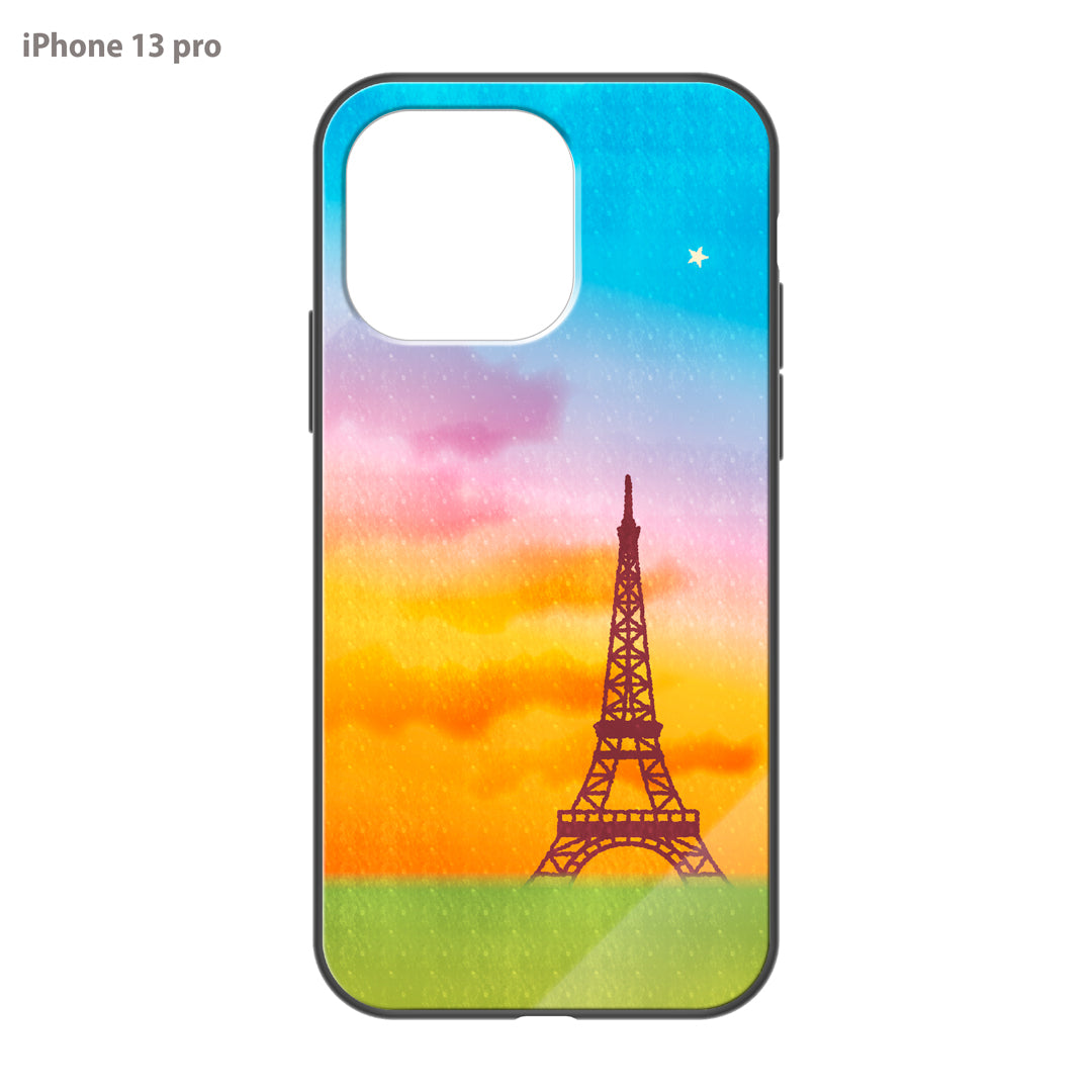 さくらまいこ ガラスiPhoneケース【水彩えほん「パリ・エッフェル塔と一番星」】