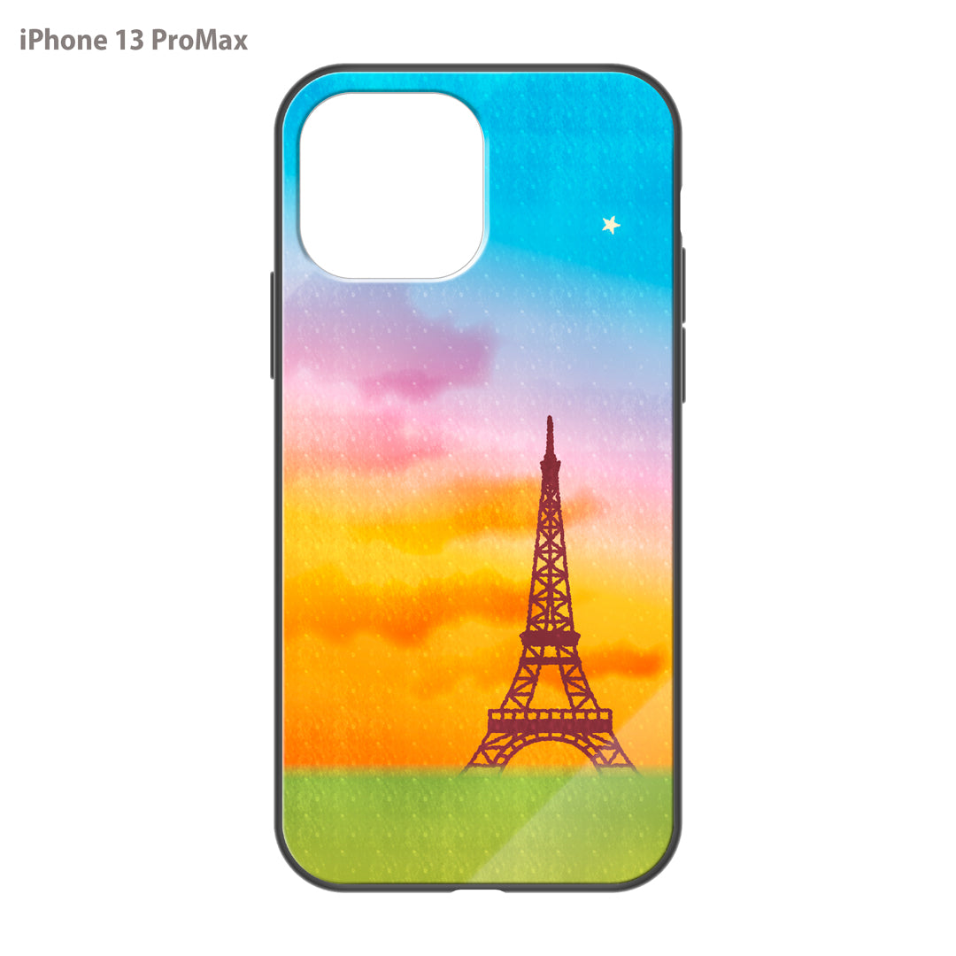 さくらまいこ ガラスiPhoneケース【水彩えほん「パリ・エッフェル塔と一番星」】