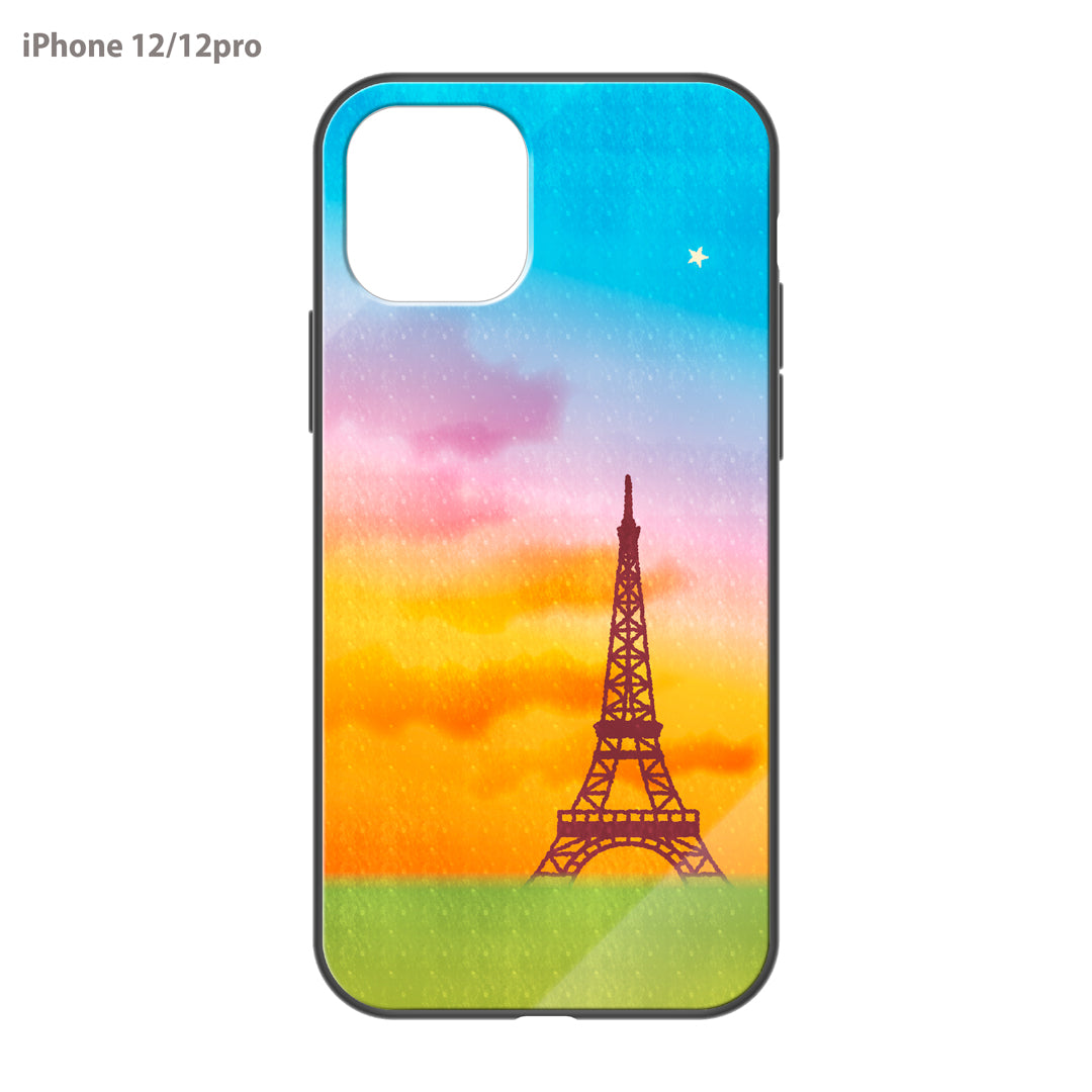 さくらまいこ ガラスiPhoneケース【水彩えほん「パリ・エッフェル塔と一番星」】