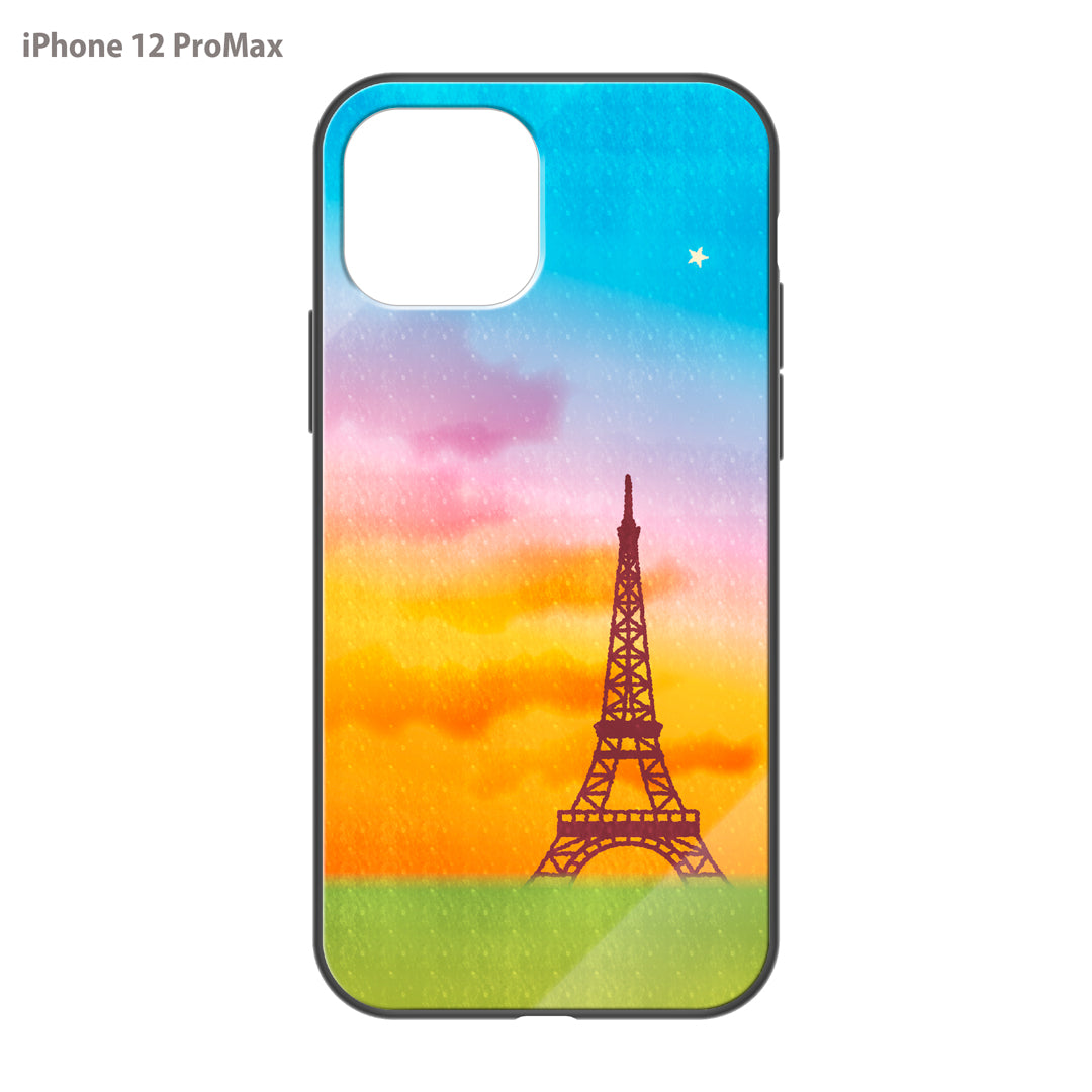 さくらまいこ ガラスiPhoneケース【水彩えほん「パリ・エッフェル塔と一番星」】