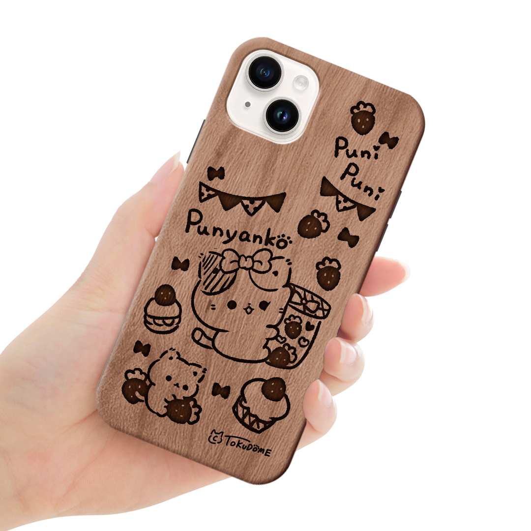 TOKUDOME ウッドiPhoneケース(レーザー彫刻)【ぷにゃんこストロベリー】