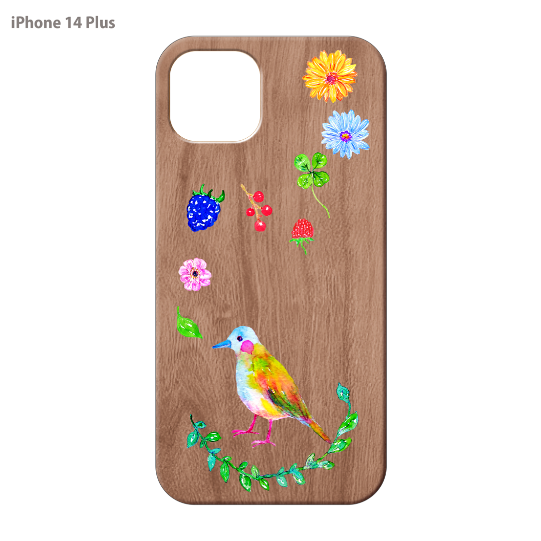 ようこ ウッドiPhoneケース(UVプリント)【にじいろ鳥とお花】