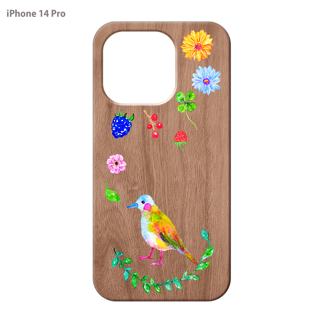 ようこ ウッドiPhoneケース(UVプリント)【にじいろ鳥とお花】