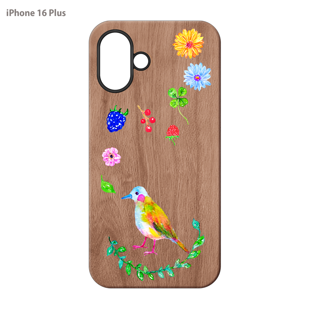 ようこ ウッドiPhoneケース(UVプリント)【にじいろ鳥とお花】