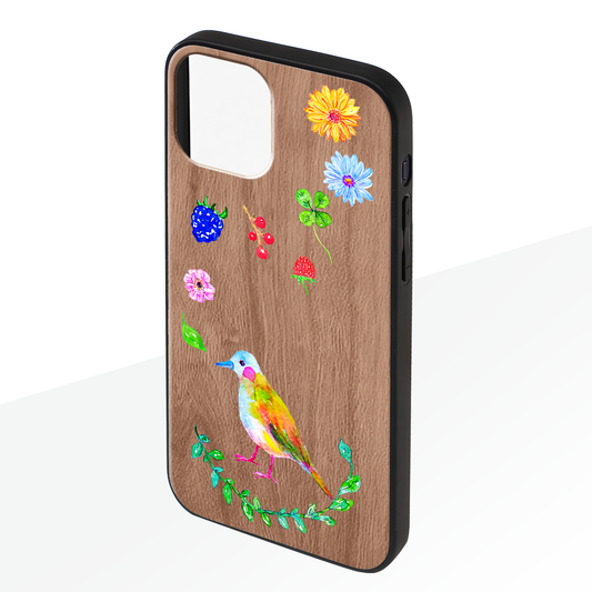 ようこ ウッドiPhoneケース(UVプリント)【にじいろ鳥とお花】