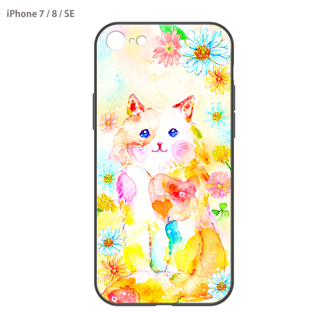 ようこ ガラスiPhoneケース【にじいろ猫とお花】