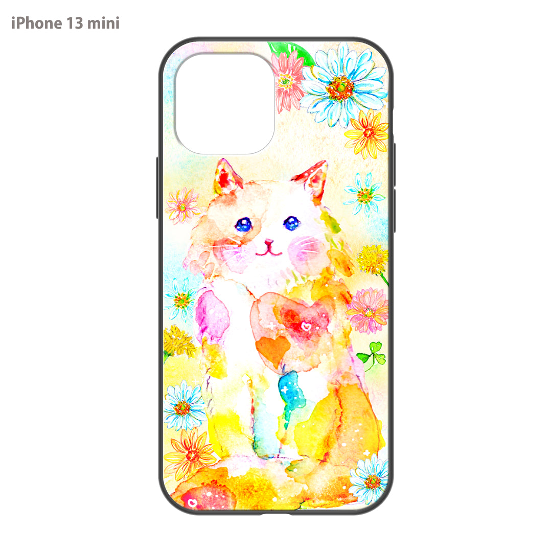 ようこ ガラスiPhoneケース【にじいろ猫とお花】
