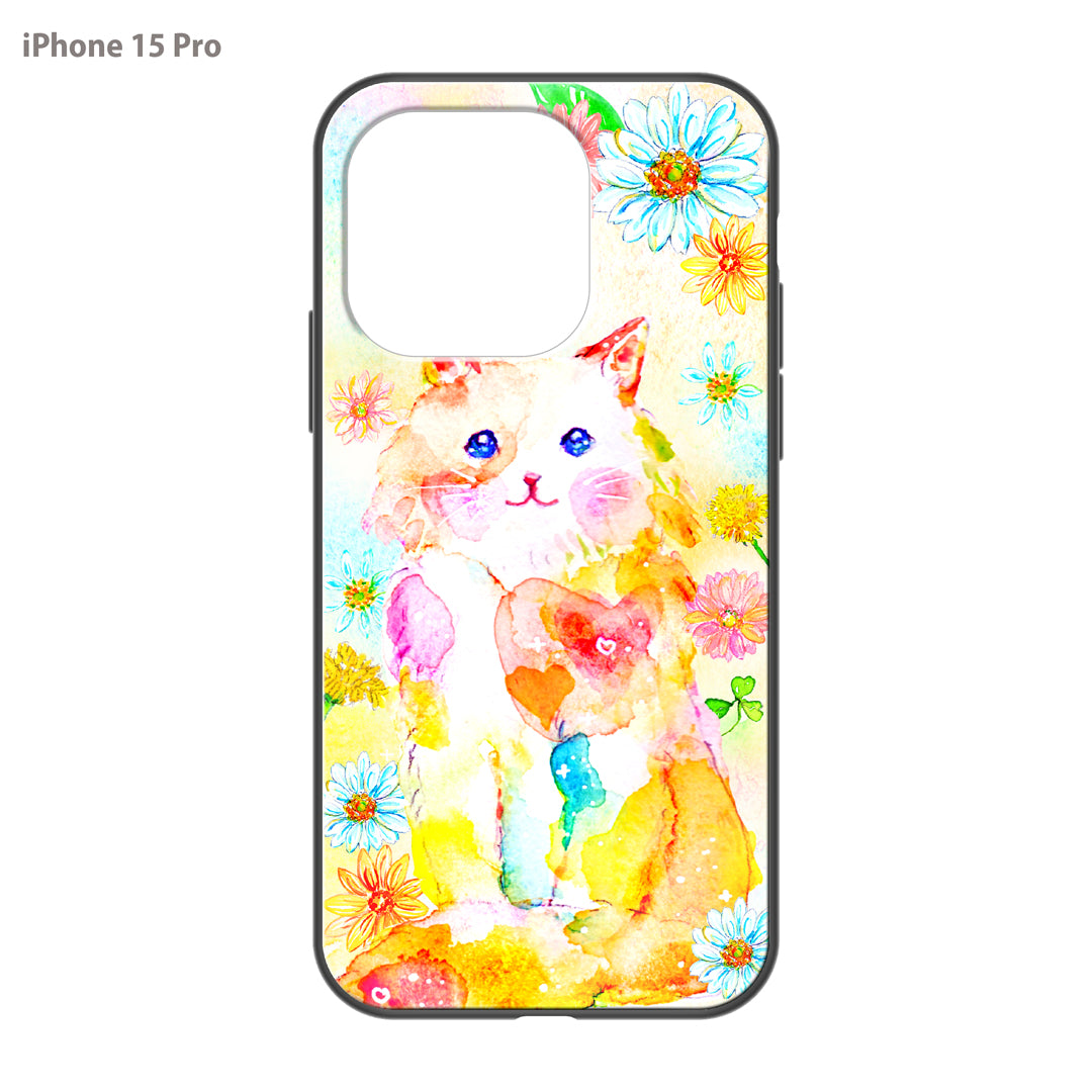 ようこ ガラスiPhoneケース【にじいろ猫とお花】