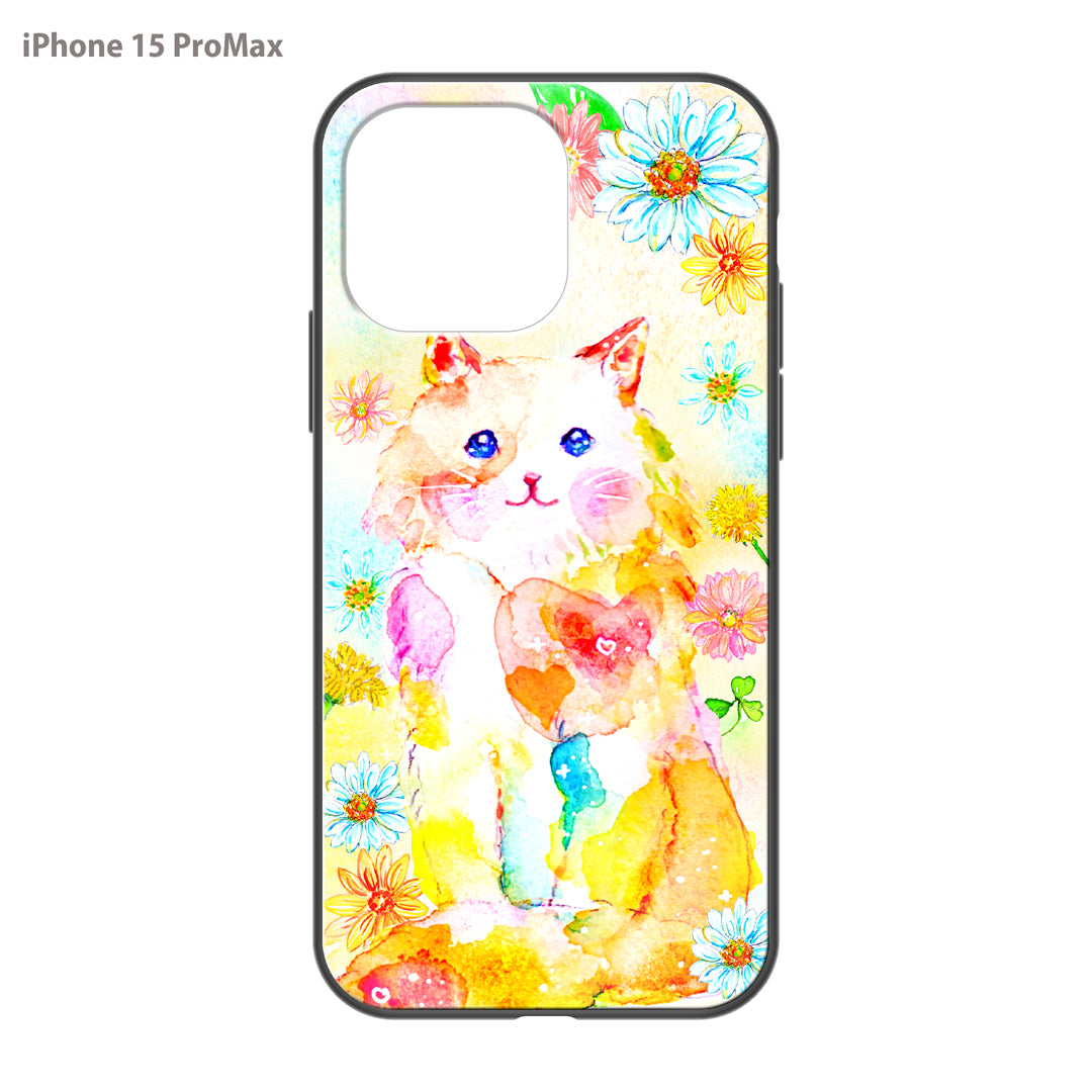 ようこ ガラスiPhoneケース【にじいろ猫とお花】