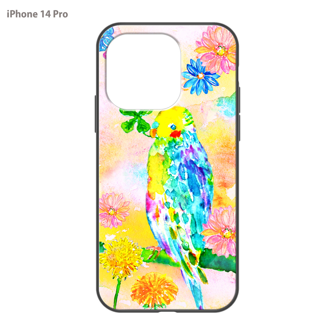 ようこ ガラスiPhoneケース【虹色の鳥とお花】