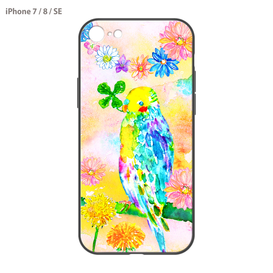 ようこ ガラスiPhoneケース【虹色の鳥とお花】
