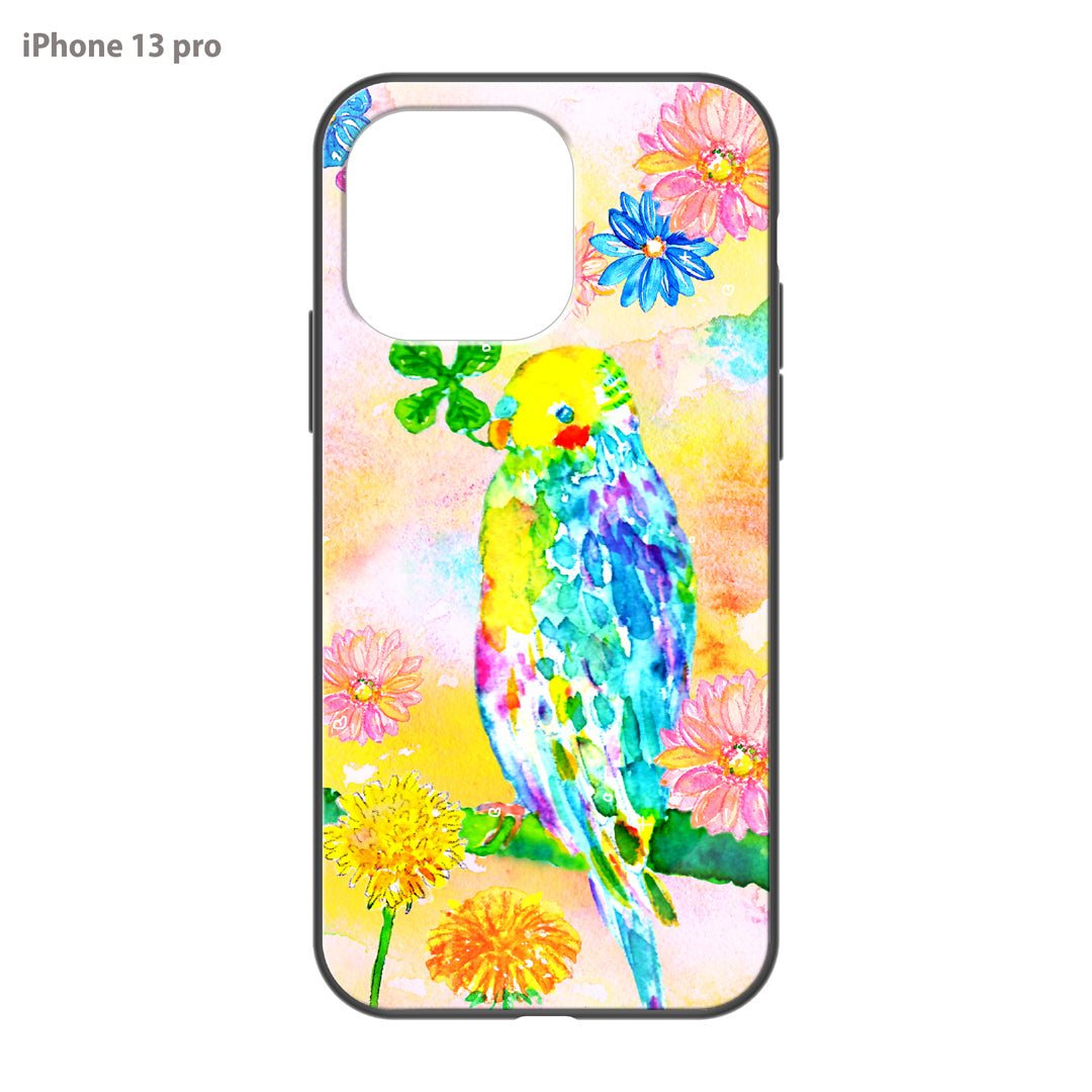 ようこ ガラスiPhoneケース【虹色の鳥とお花】
