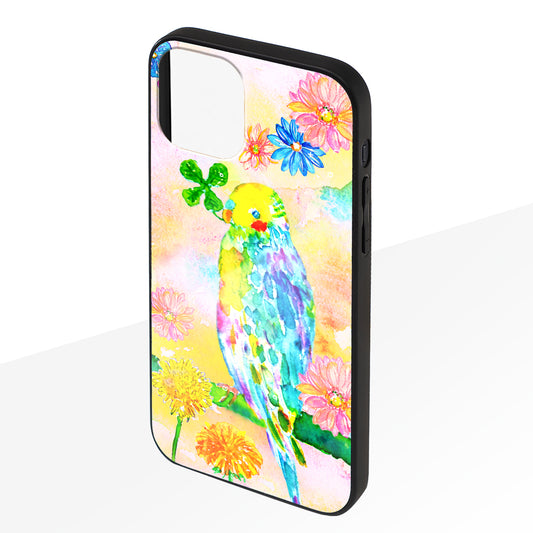ようこ ガラスiPhoneケース【虹色の鳥とお花】