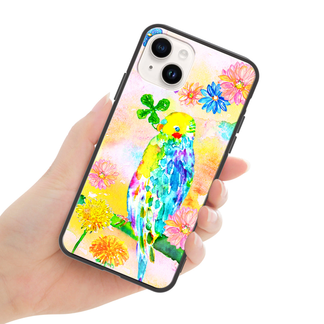 ようこ ガラスiPhoneケース【虹色の鳥とお花】