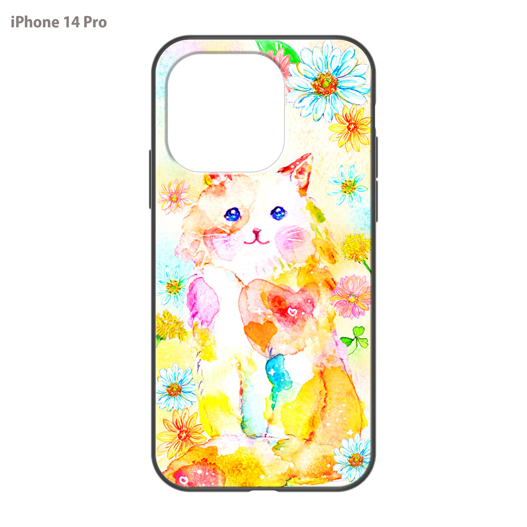 ようこ ガラスiPhoneケース【にじいろ猫とお花】